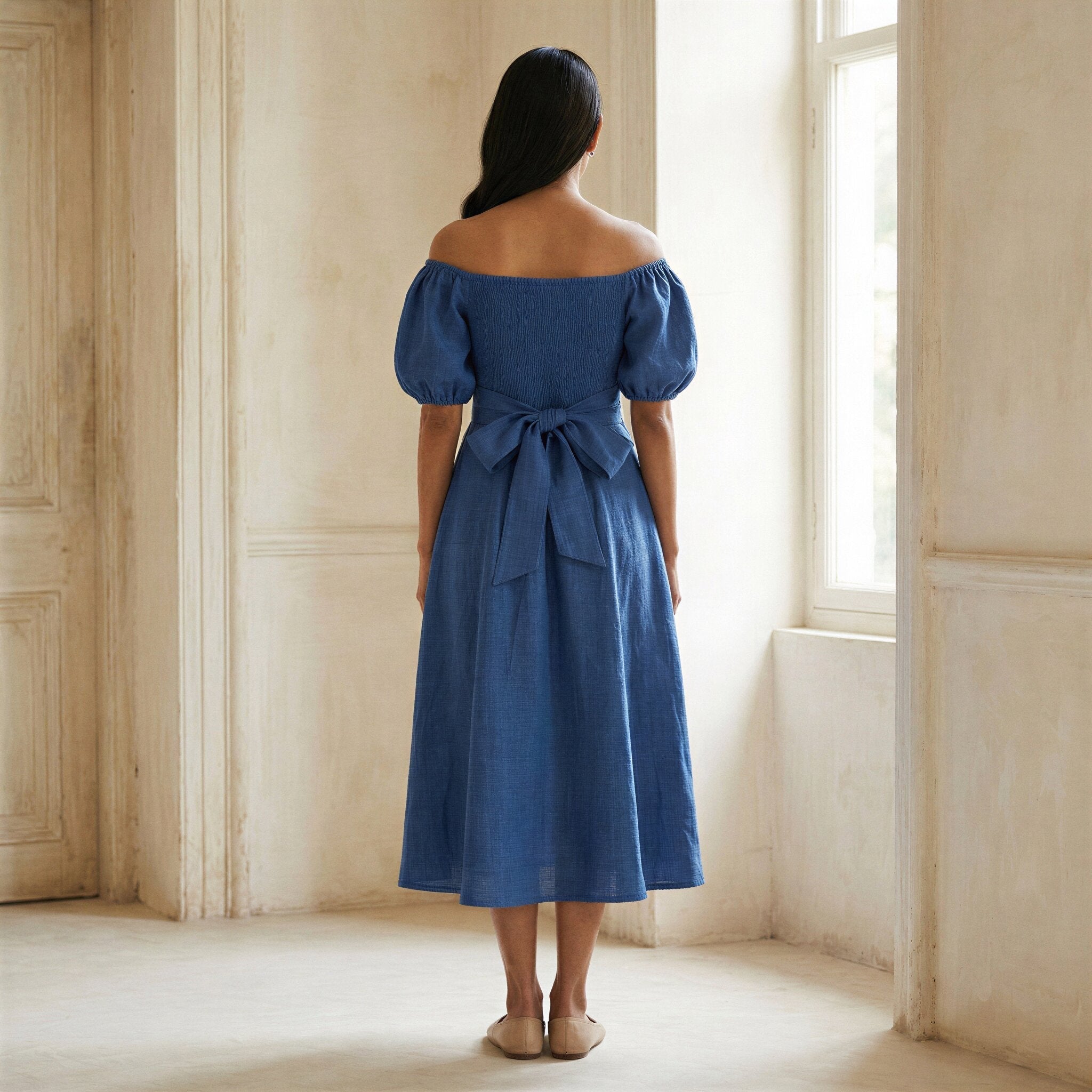 Teal Blue Cotton Puff Sleeves Off-Shoulder Midi Dress