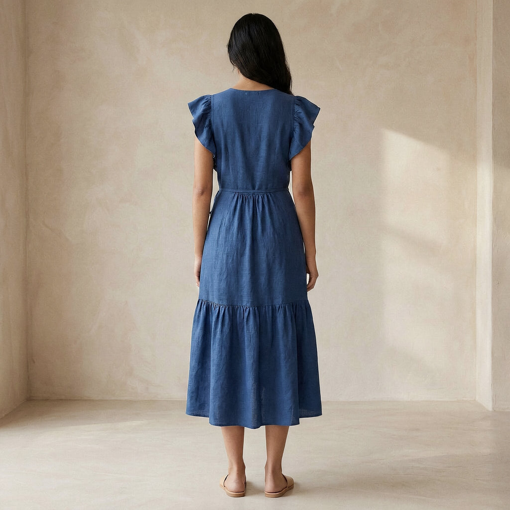 Teal Blue Cotton Ruffle Midi Wrap Dress