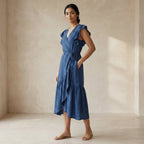 Teal Blue Cotton Ruffle Midi Wrap Dress