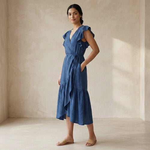 Teal Blue Cotton Ruffle Midi Wrap Dress