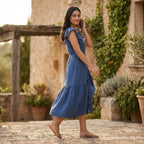 Teal Blue Cotton Ruffle Midi Wrap Dress