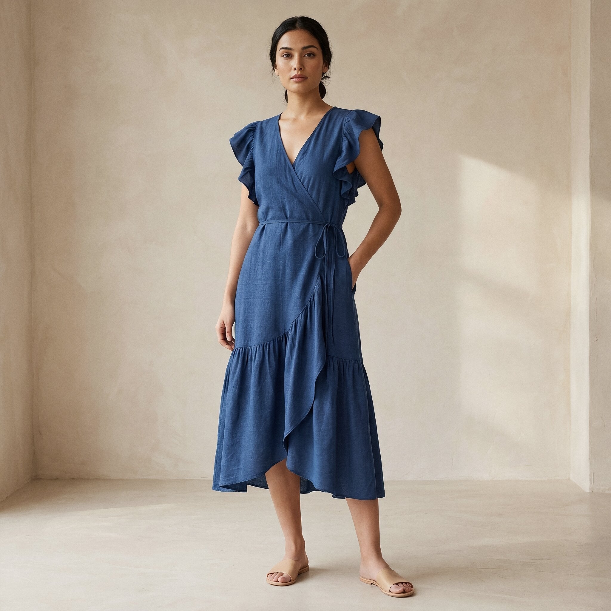 Teal Blue Cotton Ruffle Midi Wrap Dress