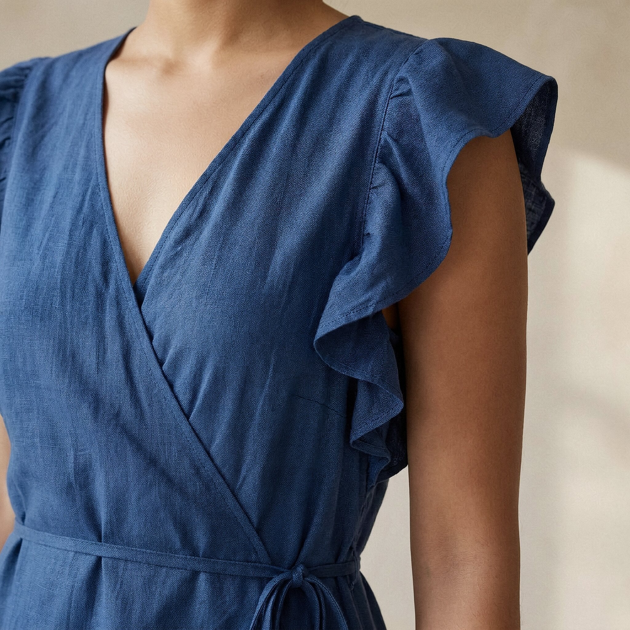 Teal Blue Cotton Ruffle Midi Wrap Dress