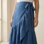 Teal Blue Cotton Ruffle Midi Wrap Skirt