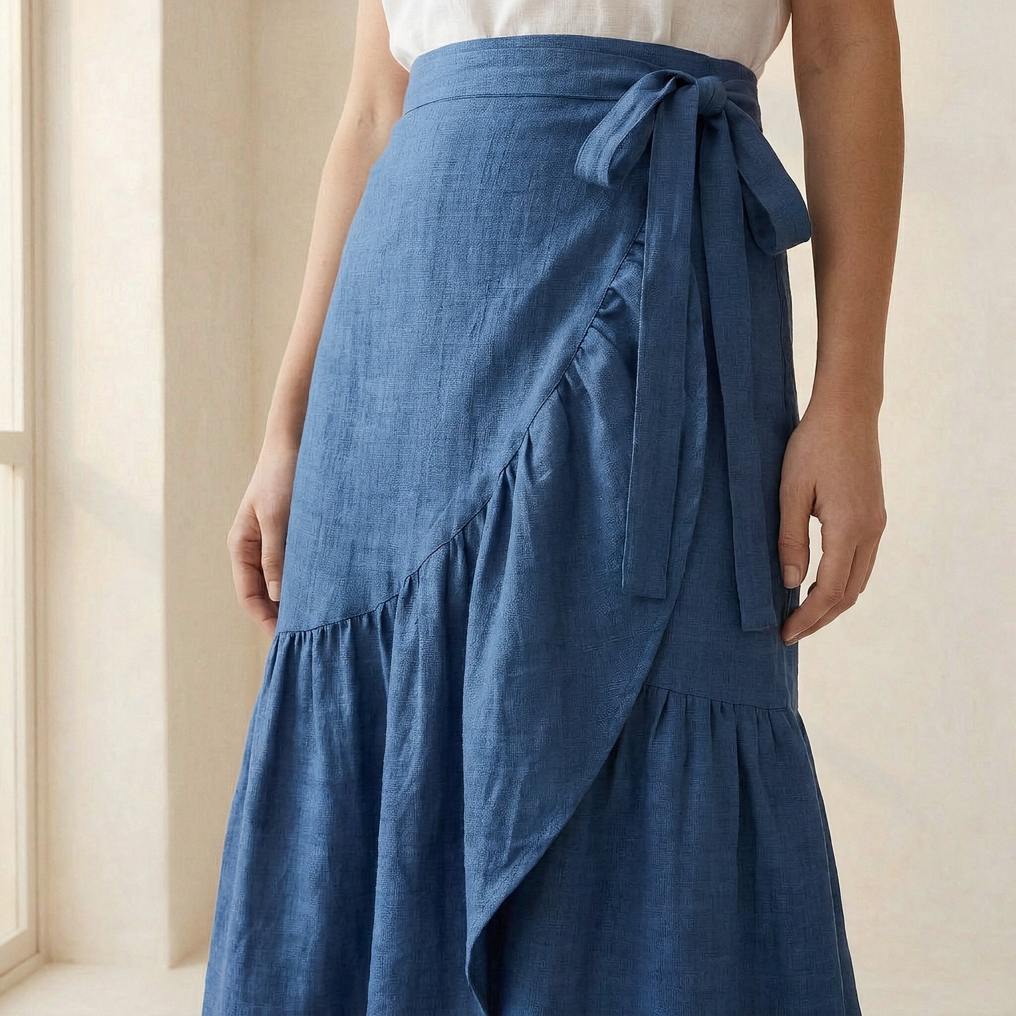 Teal Blue Cotton Ruffle Midi Wrap Skirt