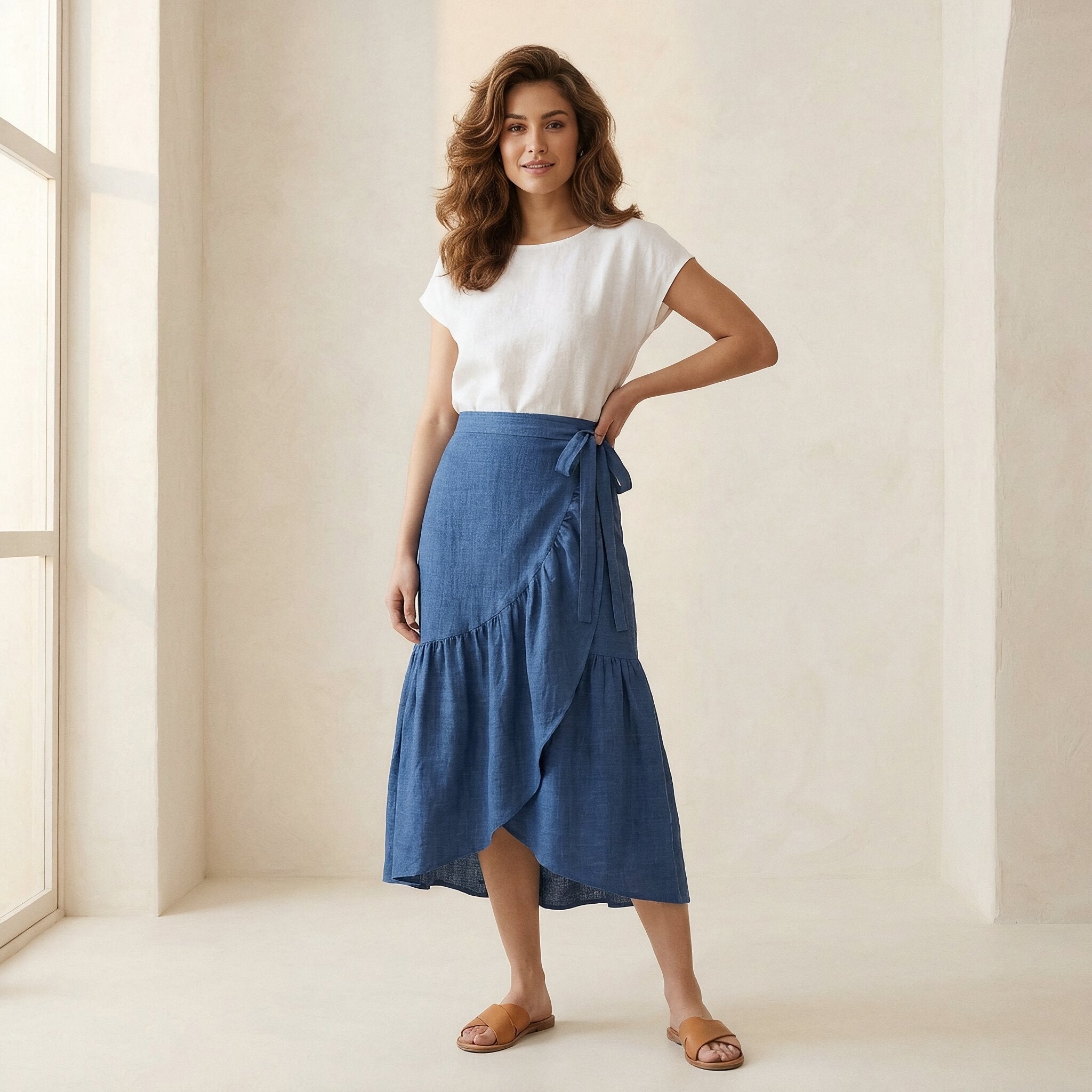 Teal Blue Cotton Ruffle Midi Wrap Skirt