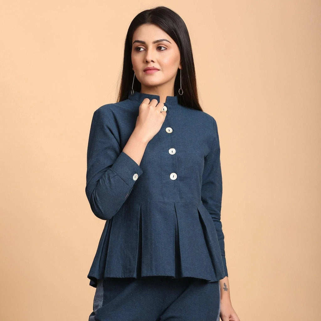 Right View of a Model wearing Teal Blue Standing Collar Shirt