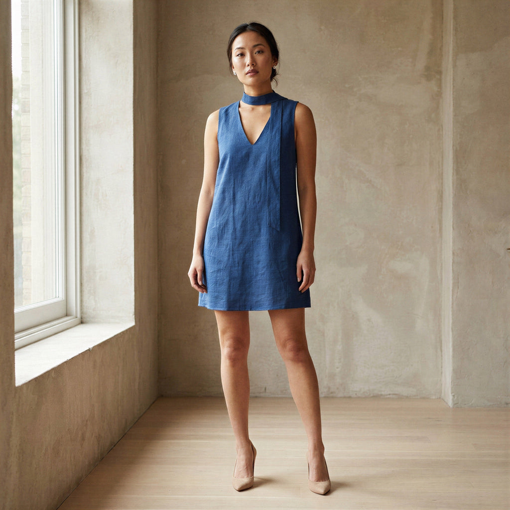 Teal Blue Cotton V-Neck Short Shift Dress with Scarf-Belt