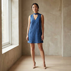 Teal Blue Cotton V-Neck Short Shift Dress with Scarf-Belt