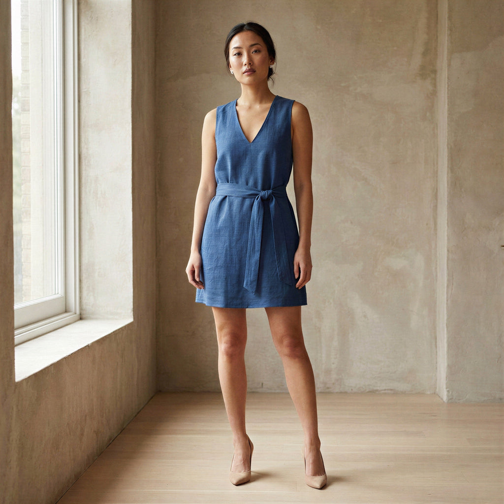 Teal Blue Cotton V-Neck Short Shift Dress with Scarf-Belt