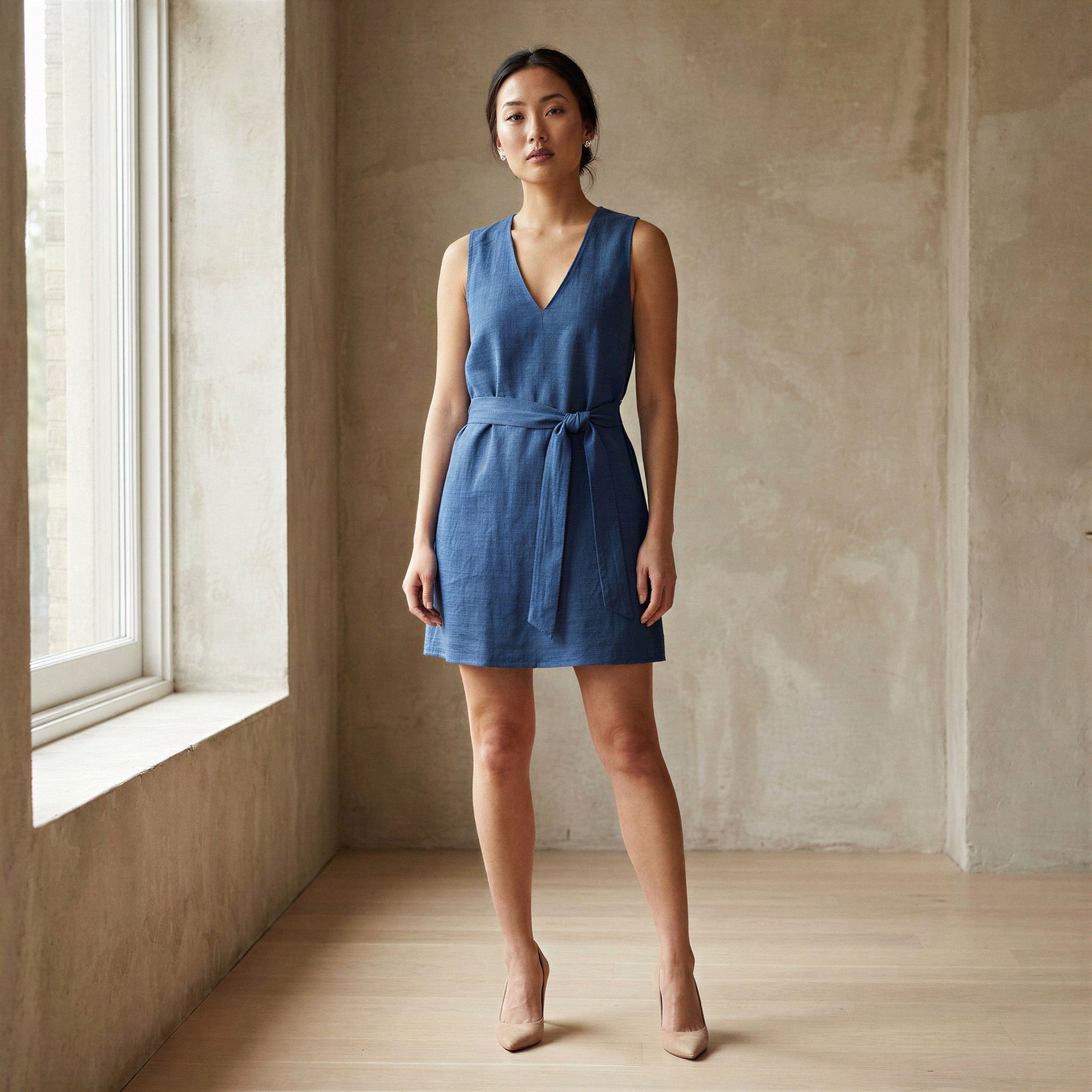 Teal Blue Cotton V-Neck Short Shift Dress with Scarf-Belt