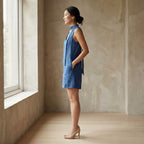 Teal Blue Cotton V-Neck Short Shift Dress with Scarf-Belt