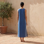 Teal Blue Cotton Wavy Stripe Maxi Shift Dress