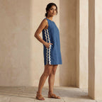 Teal Blue Cotton Wavy Stripe Short Shift Dress