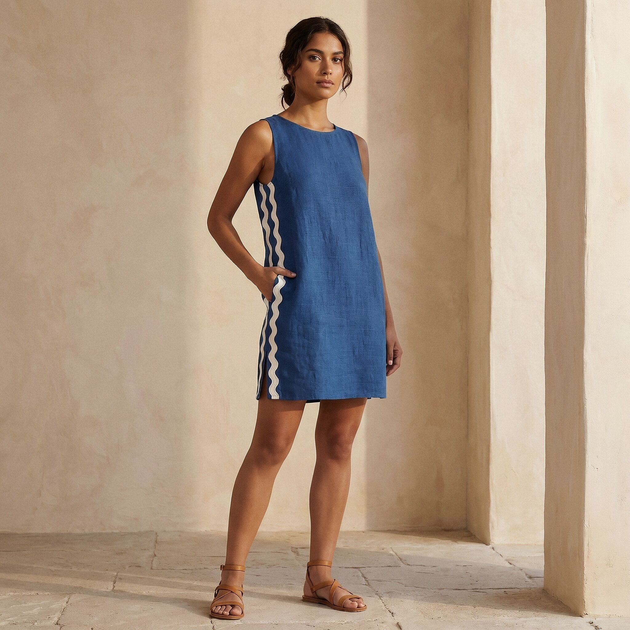 Teal Blue Cotton Wavy Stripe Short Shift Dress