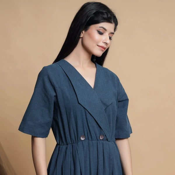 Front View of a Model wearing Teal Blue Lapel Collar Pleated Jumpsuit