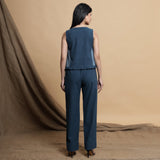 Back View of a Model wearing Teal Blue Side-Panelled Paperbag Pant