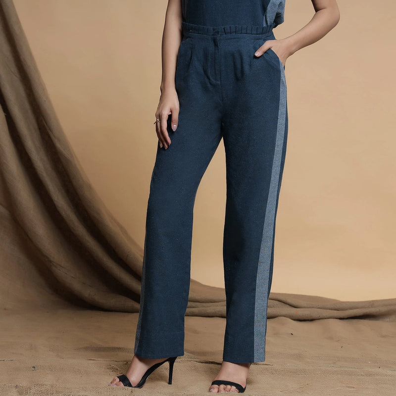 Front View of a Model wearing Teal Blue Side-Panelled Paperbag Pant