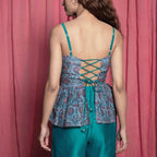 Back Detail of a Model wearing Teal Chanderi Cotton Block Print Peplum Top