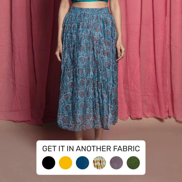 Front View of a Model wearing Teal Chanderi Cotton Block Printed Midi Skirt