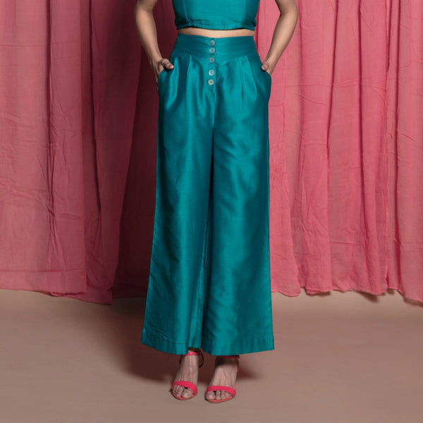 Front View of a Model wearing Teal Cotton Chanderi High-Rise Wide Legged Pant