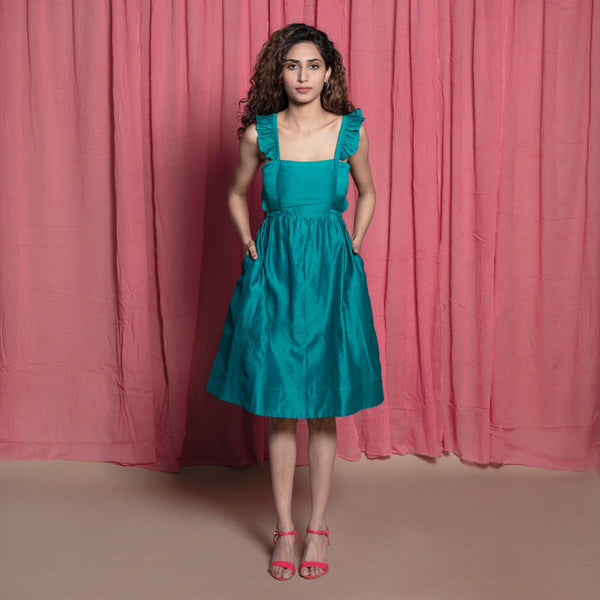 Front View of a Model wearing Teal Cotton Chanderi Knee Length Fit and Flare Dress