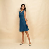 Left View of a Model wearing Teal Cotton Slim Fit Short Dress