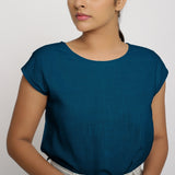 Front Detail of a Model wearing Teal Cotton Slub Straight Top