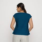 Back View of a Model wearing Teal Cotton Slub Straight Top
