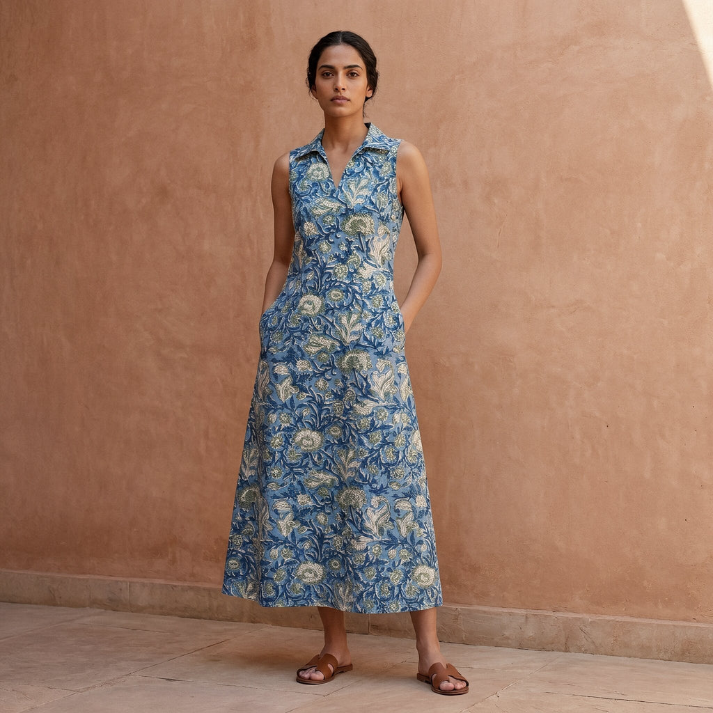 Teal Garden Floral Block Print Cotton Paneled Sleeveless Maxi Dress