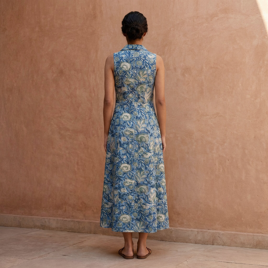 Teal Garden Floral Block Print Cotton Paneled Sleeveless Maxi Dress