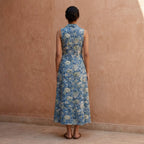Teal Garden Floral Block Print Cotton Paneled Sleeveless Maxi Dress