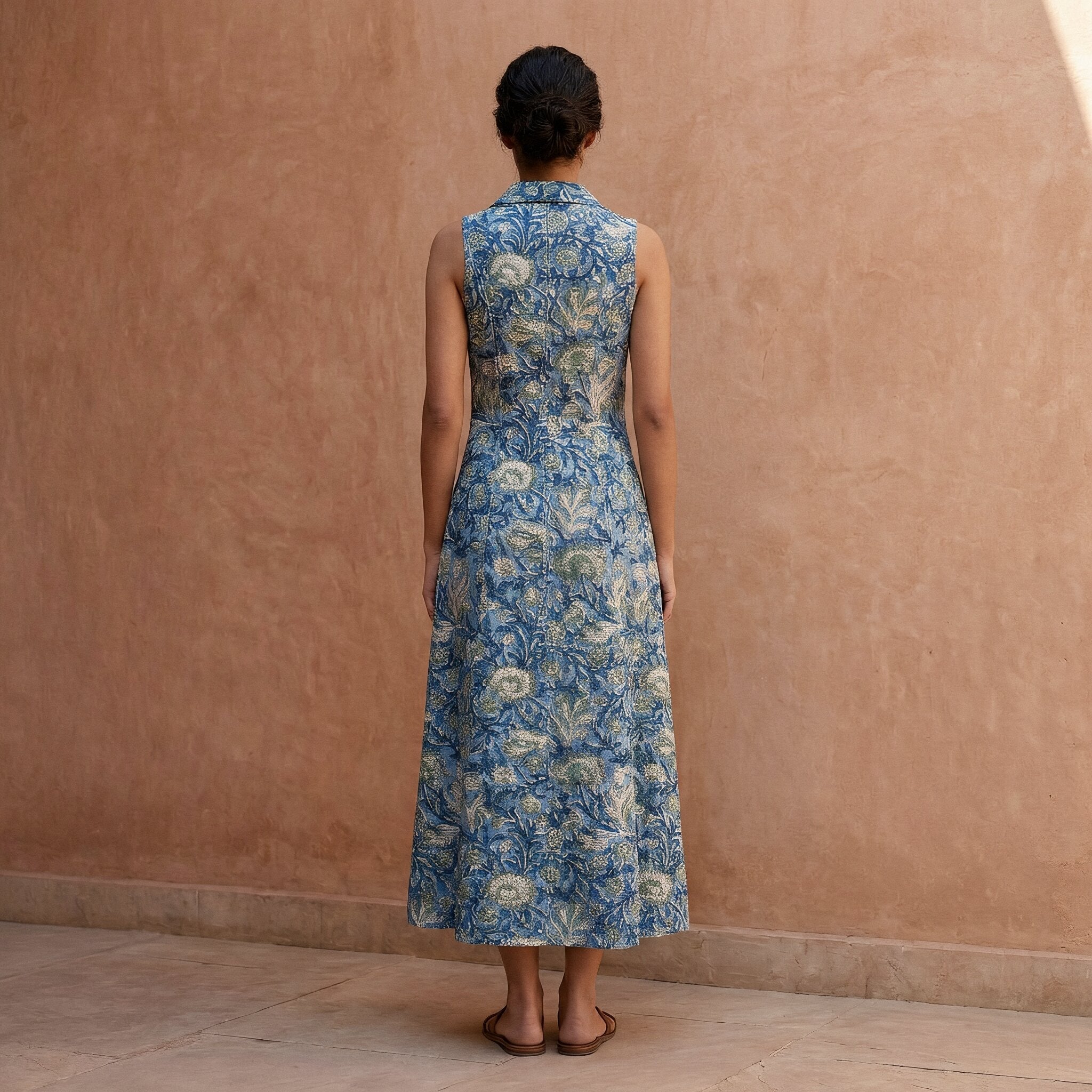 Teal Garden Floral Block Print Cotton Paneled Sleeveless Maxi Dress