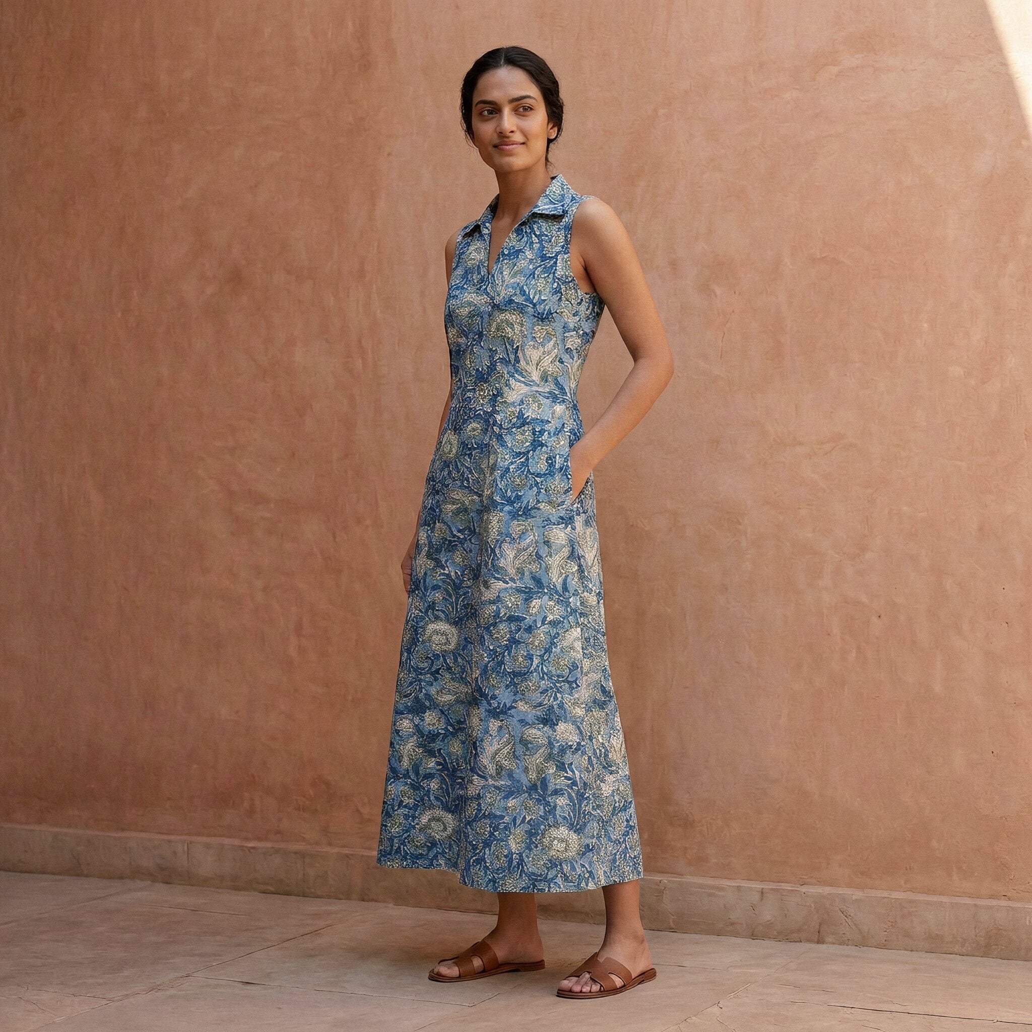 Teal Garden Floral Block Print Cotton Paneled Sleeveless Maxi Dress