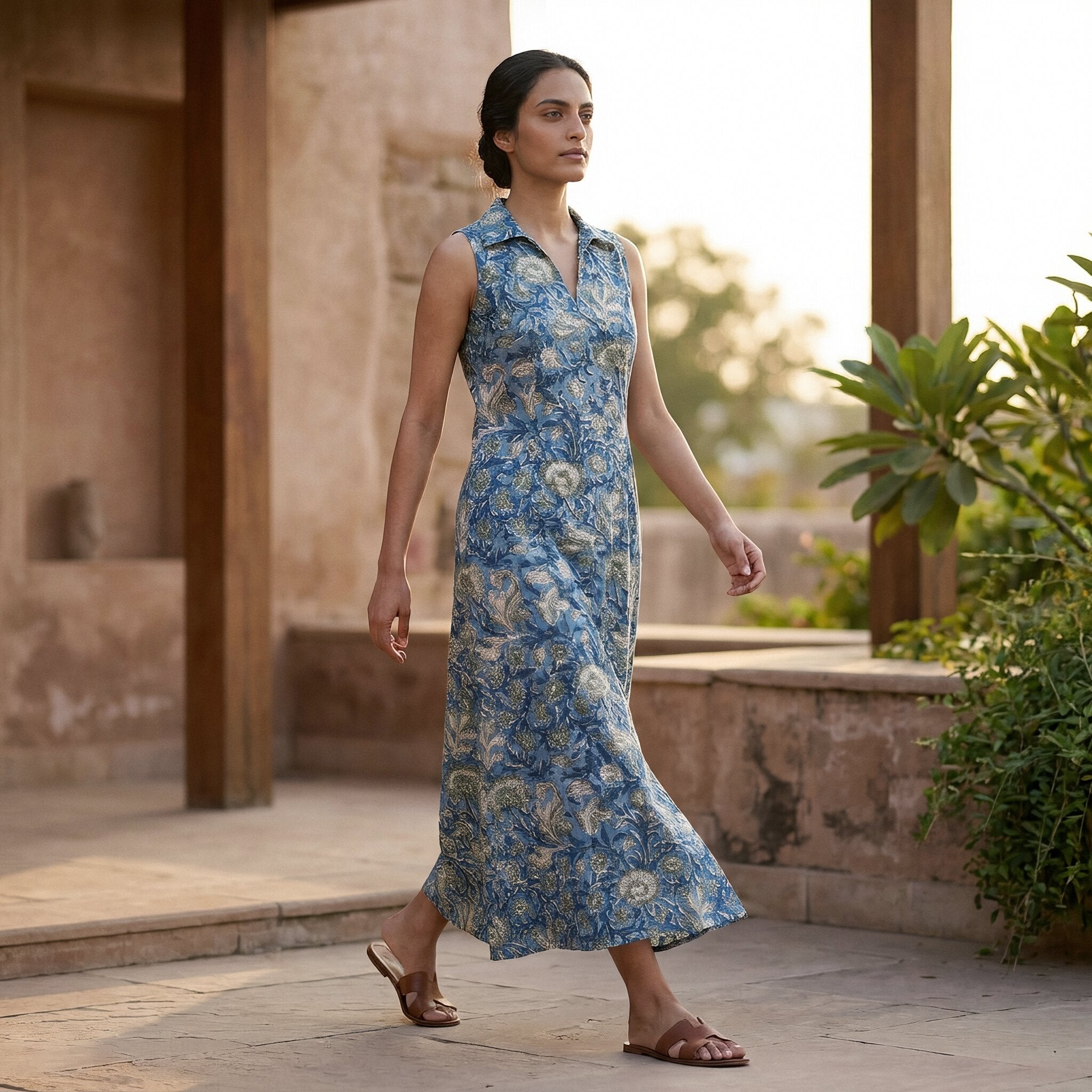 Teal Garden Floral Block Print Cotton Paneled Sleeveless Maxi Dress