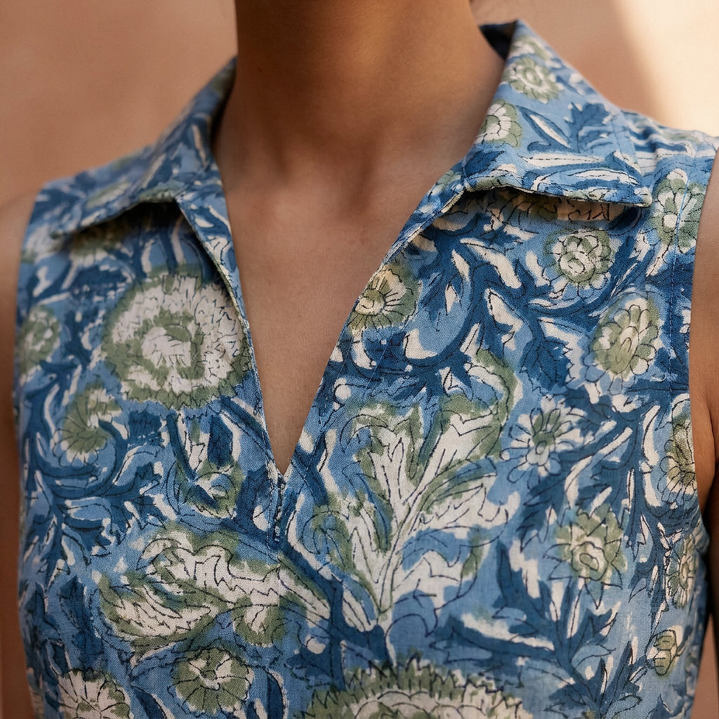 Teal Garden Floral Block Print Cotton Paneled Sleeveless Maxi Dress