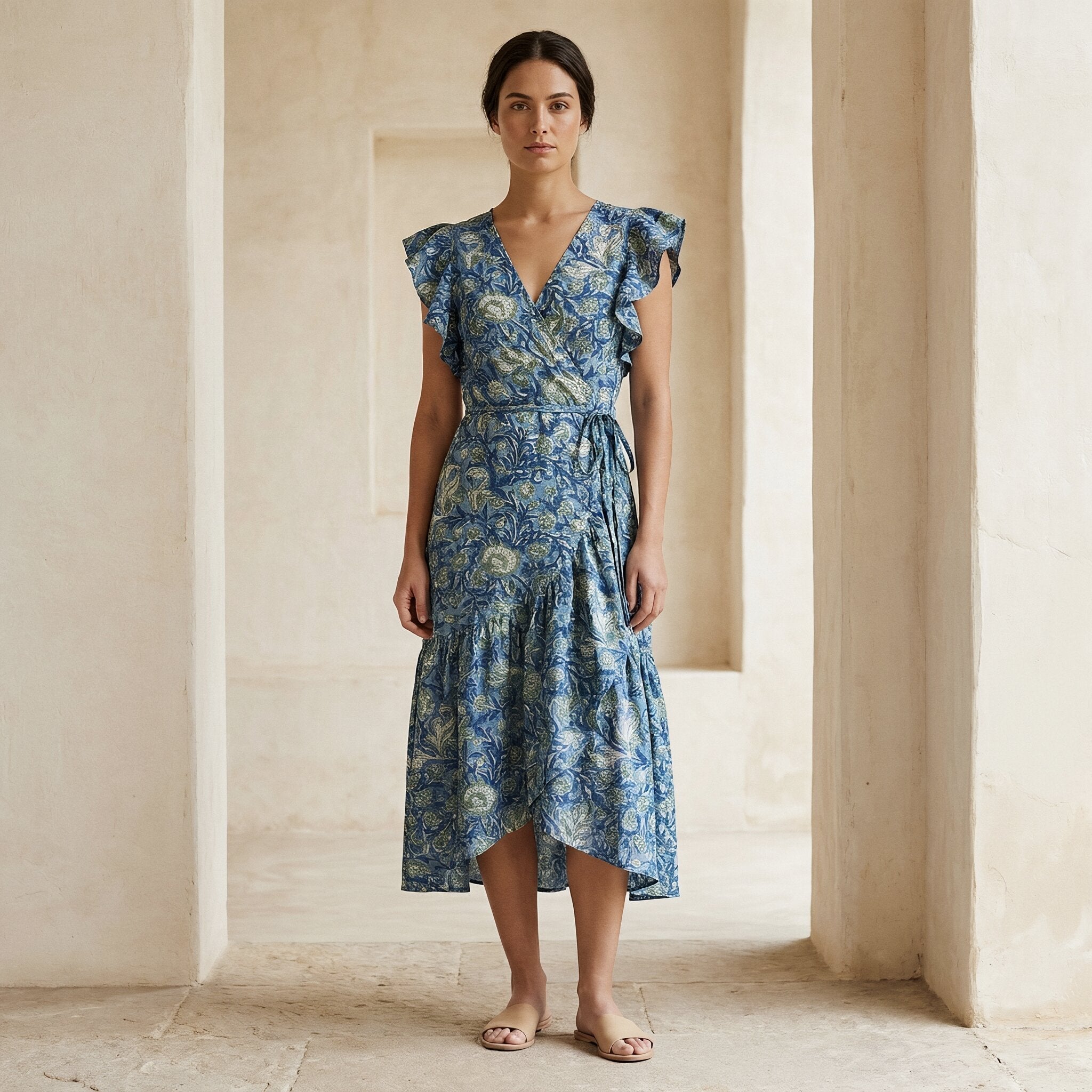 Teal Garden Floral Block Print Cotton Ruffle Midi Wrap Dress