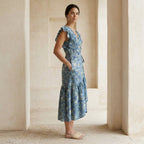 Teal Garden Floral Block Print Cotton Ruffle Midi Wrap Dress