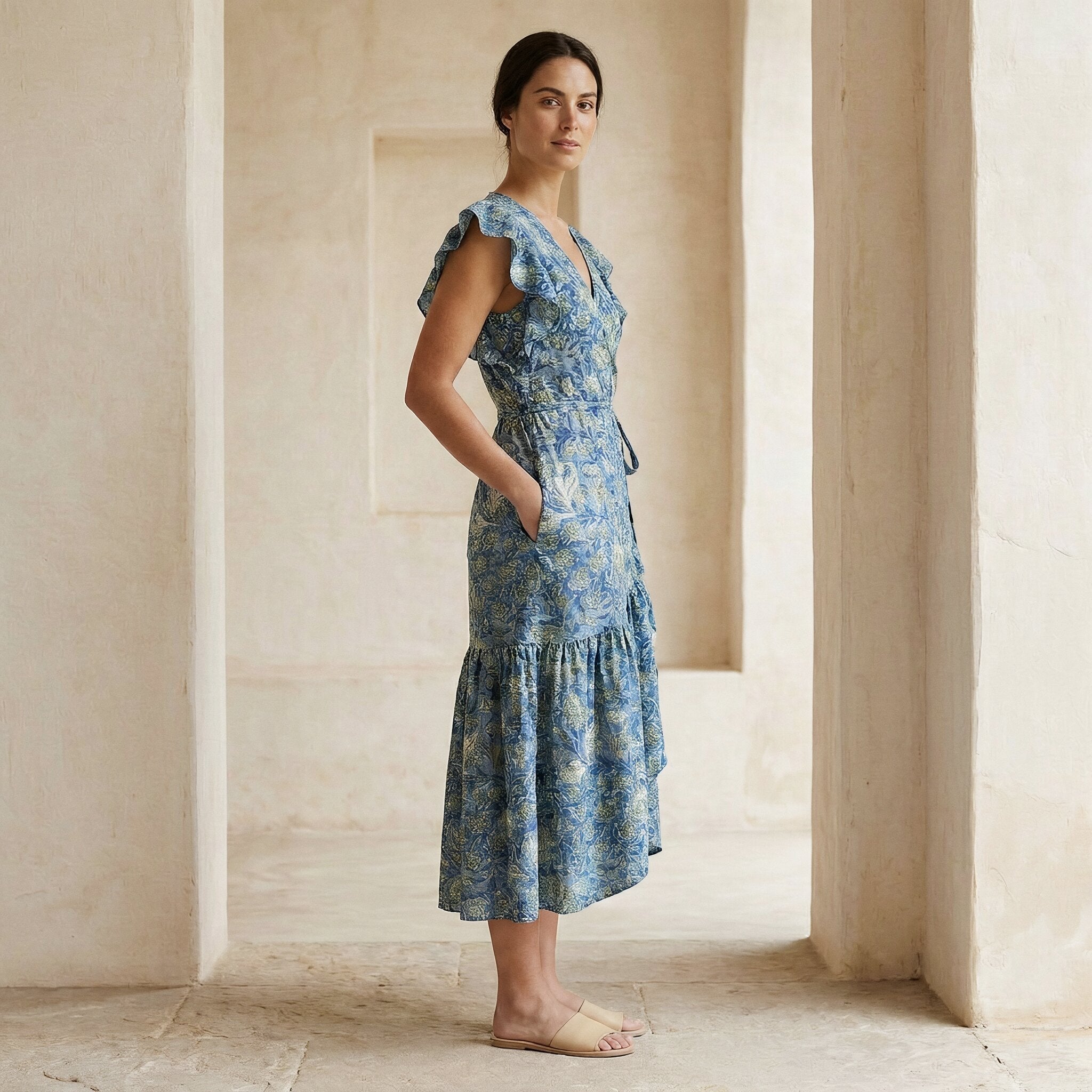 Teal Garden Floral Block Print Cotton Ruffle Midi Wrap Dress