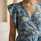Teal Garden Floral Block Print Cotton Ruffle Midi Wrap Dress