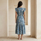 Teal Garden Floral Block Print Cotton Ruffle Midi Wrap Dress