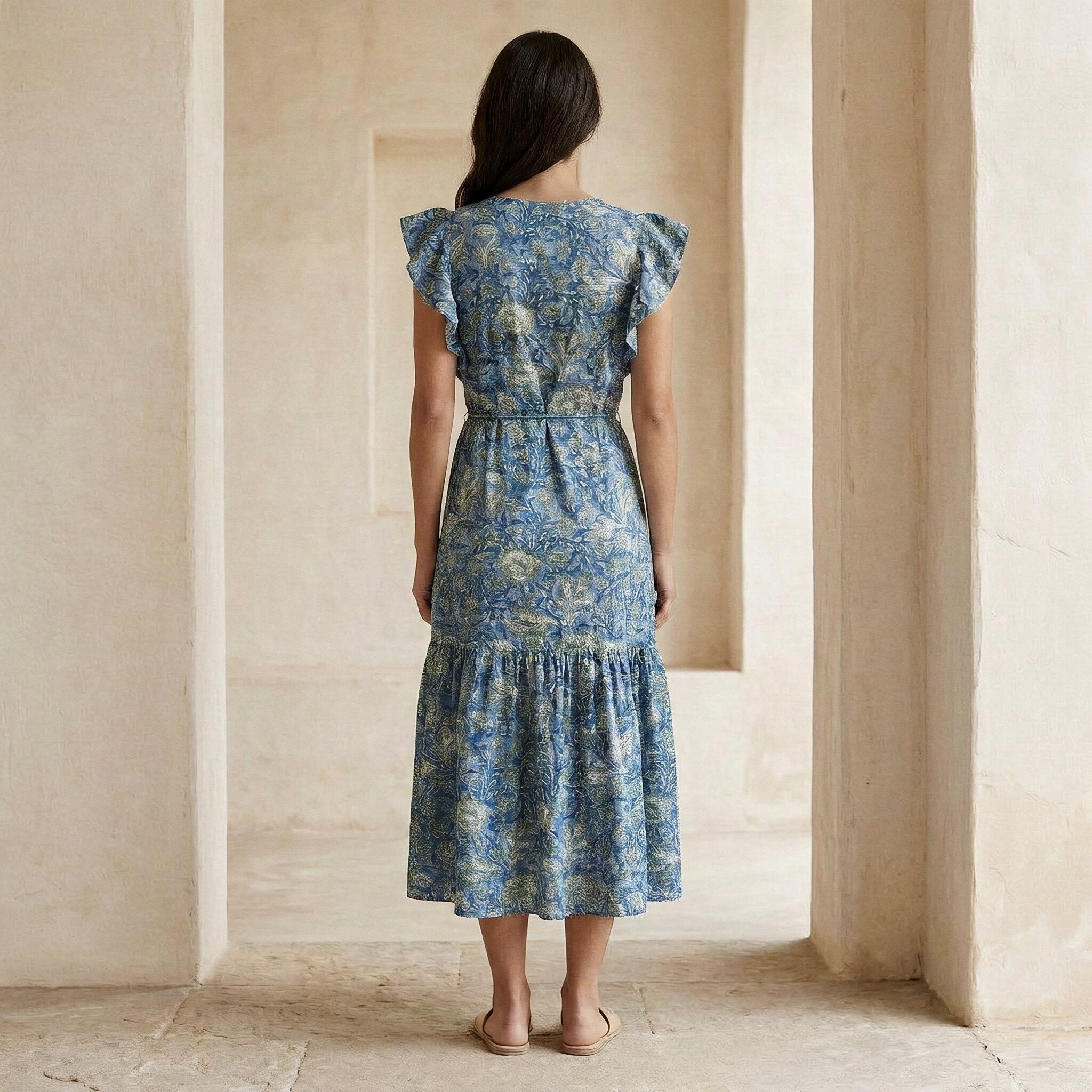 Teal Garden Floral Block Print Cotton Ruffle Midi Wrap Dress