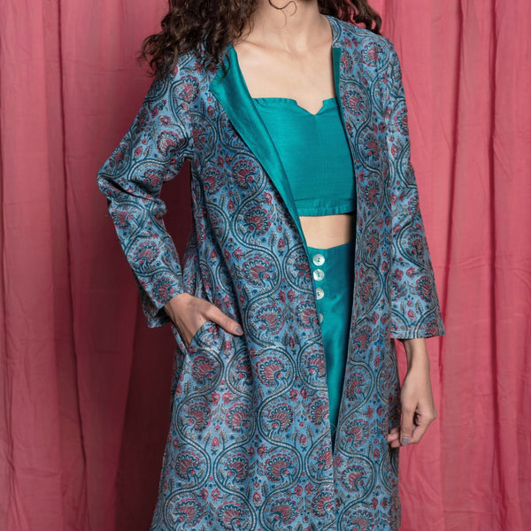 Front Detail of a Model wearing Teal Cotton Chanderi Block Printed Knee Length Overlay