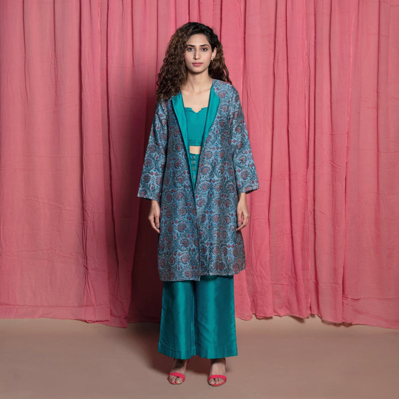 Front View of a Model wearing Teal Cotton Chanderi Block Printed Knee Length Overlay