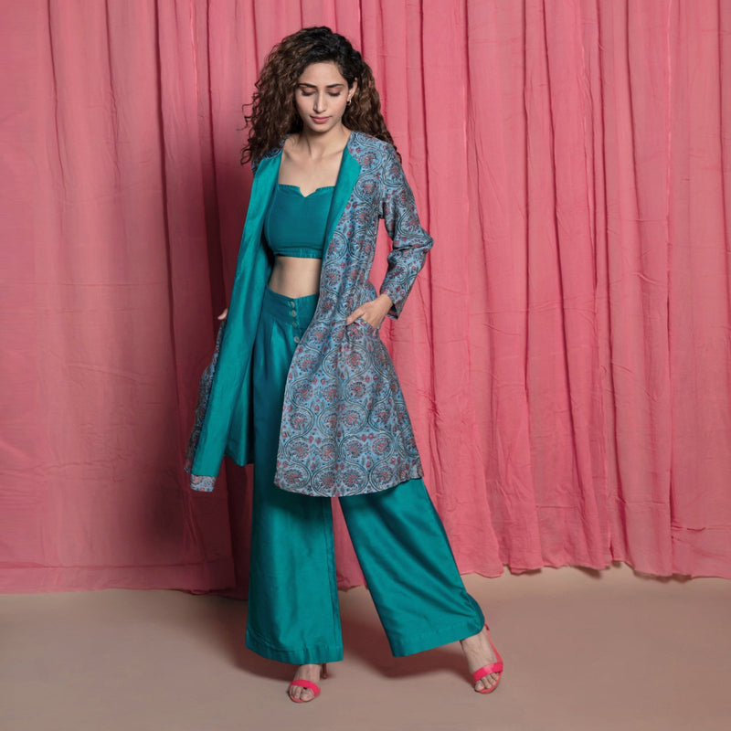 Front View of a Model wearing Teal Cotton Chanderi Block Printed Knee Length Overlay