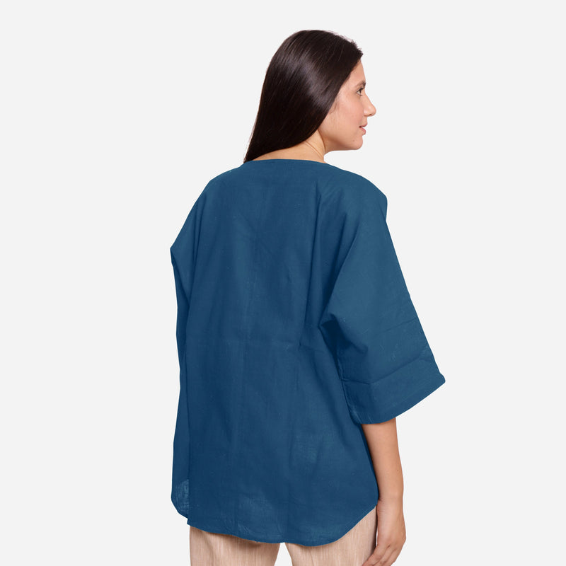 Back View of a Model wearing Teal Loose Fit Drop Shoulder Top