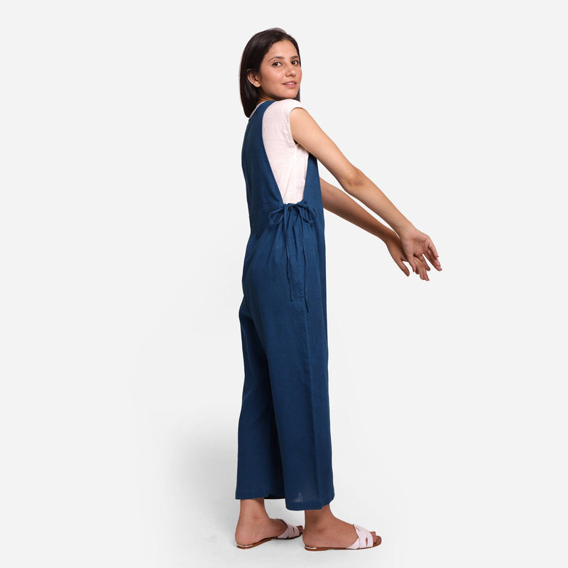 Right View of a Model wearing Teal Waist Tie Up Pinafore Jumpsuit