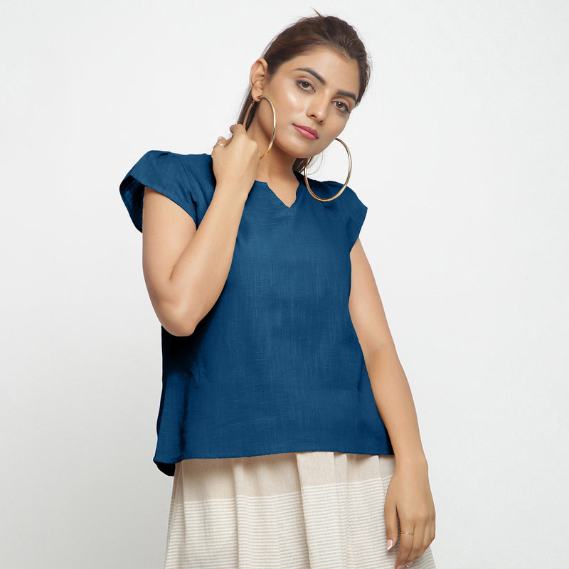 Front View of a Model wearing Teal Puff Sleeves Cotton A-Line Top