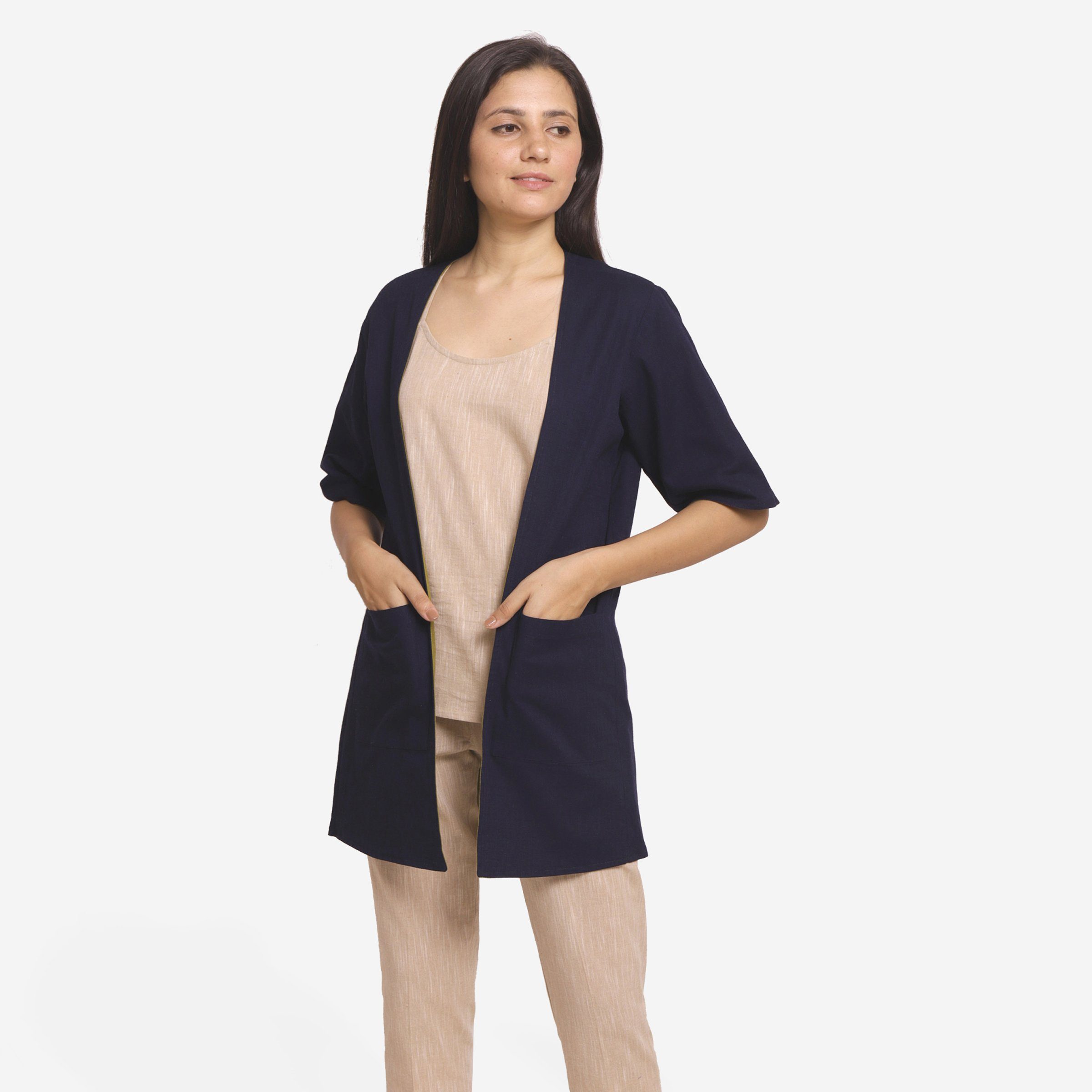 Front View of a Model wearing Teal Reversible Cotton Flax Front Open Overlay