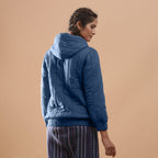Back View of a Model wearing Teal Reversible Quilted Cotton Bomber Jacket